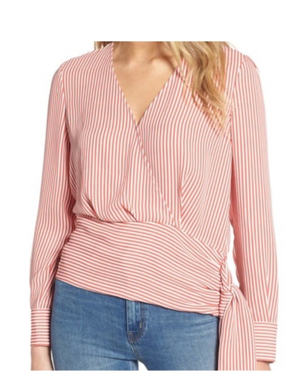 Chelsea28 Top Faux Wrap sz S long Sleeves Striped orange red White v-neck shirt